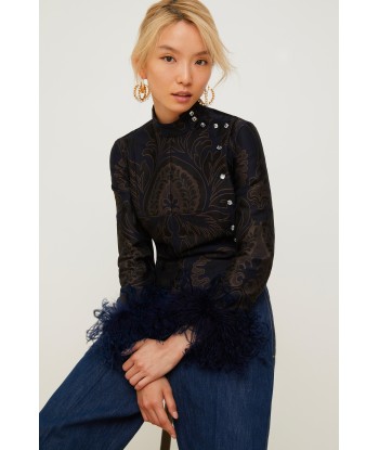 Feather-embellished silk brocade jacket Le MVP de beaucoup