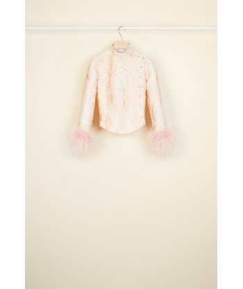 Feather-embellished silk brocade jacket commande en ligne