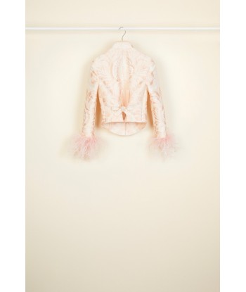 Feather-embellished silk brocade jacket commande en ligne