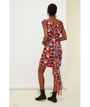 Cold-shoulder printed silk dress destockage