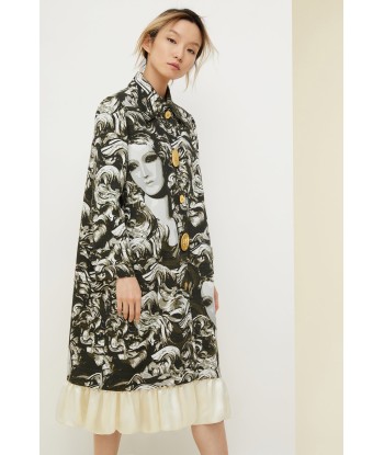 Ruffle hem printed gabardine coat en stock