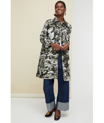 Ruffle hem printed gabardine coat en stock