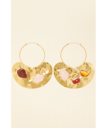 Large hammered brass and stone hoop earrings en ligne des produits 